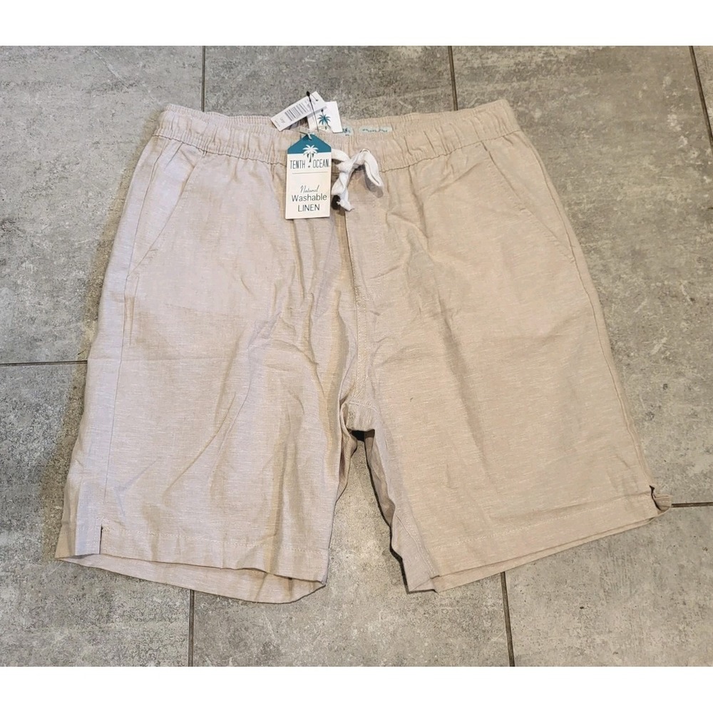 New Beige Linen Blend Pull On Shorts Pockets Tenth & Ocean Sz L